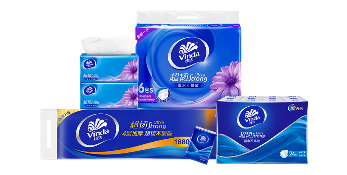 Vinda products including tissues, kitchen wipes, and toilet paper.